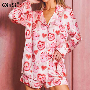 QINSI Women Valentine's Day Pyjama Print 2 Pieces Lapel Long Sleeves <strong>Shorts</strong> <strong>Pj</strong> Set Satin Pajama Set <strong>Christmas</strong> Nightie Sleepwear - Product Image 1