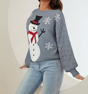 <span class=keywords><strong>Pull</strong></span> de Noël personnalisé pour <span class=keywords><strong>femme</strong></span>, 100 % coton tricoté, gris, avec bonhomme de neige et flocons de neige, manches longues, pour fête de Noël, doux et confortable - Product Image 3