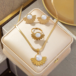 Vintage estilo <span class=keywords><strong>barroco</strong></span> nicho diseño sentido pequeña perla acero inoxidable 18K chapado en oro hoja compromiso collar anillo pendientes - Product Image 3