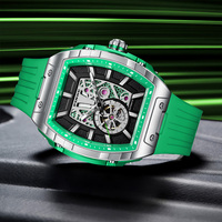Montre mécanique automatique pour homme PINDU de haute qualité, couleur argent-noir, cadran 3D, résistante à l'eau, forme tonneau creuse