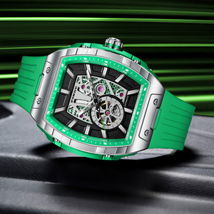 PINDU High Quality <b>Silver</b>-Black Color-Blocking Tonneau-Shaped Hollow <b>Men's</b> Automatic Mechanical <b>Watch</b> 3D Dial Water Resistant - Product Image 4