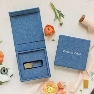 Boîte-cadeau USB de mariage en lin de luxe personnalisée Couverture en lin Album photo Photos et stockage USB pour photographie