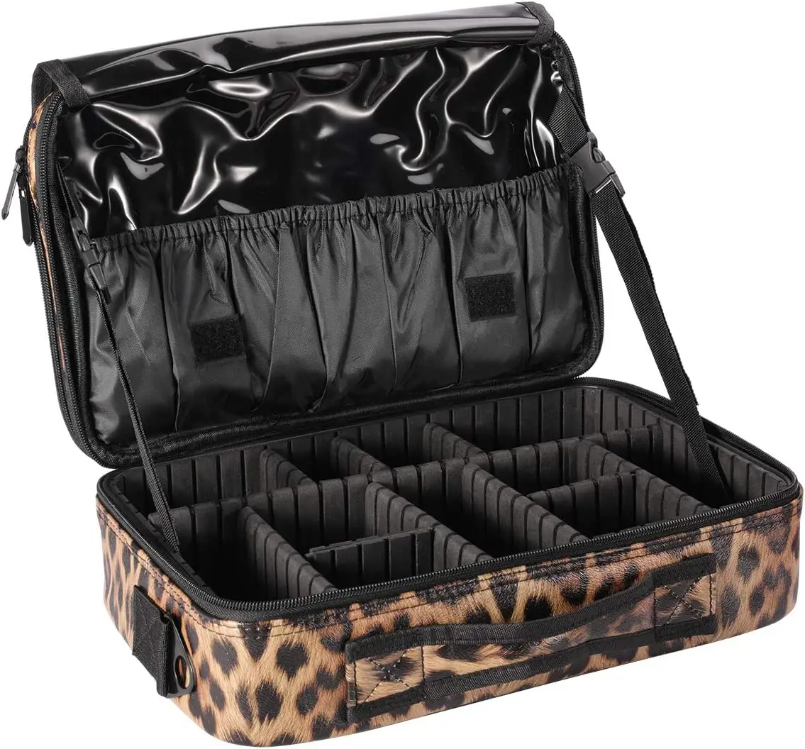 Bolsa de viaje para maquillaje, organizador de cosméticos grande profesional de piel sintética de leopardo, bolsa de almacenamiento de maquillaje, estuche de tren de 3 capas