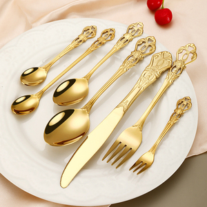Set di posate di lusso all'ingrosso in acciaio inossidabile con manico barocco antico, argento vintage e oro, per matrimoni - Product Image 1