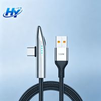Kabel Pengisi Daya Cepat 120W USB-A ke Type-C 2m, Kabel Charger Anyaman 90 Derajat dengan Lampu Indikator Daya