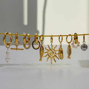 Ensemble de boucles d'oreilles pendantes élégantes, ton or, perles, poissons, soleil, bijoux de fête, acier inoxydable, boucles d'oreilles tendance - Product Image 2