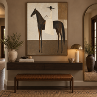 Peinture sur toile abstraite minimaliste représentant un cavalier équestre et un cheval, art mural neutre brun pour hôtel, villa, club-house, décoration murale personnalisée