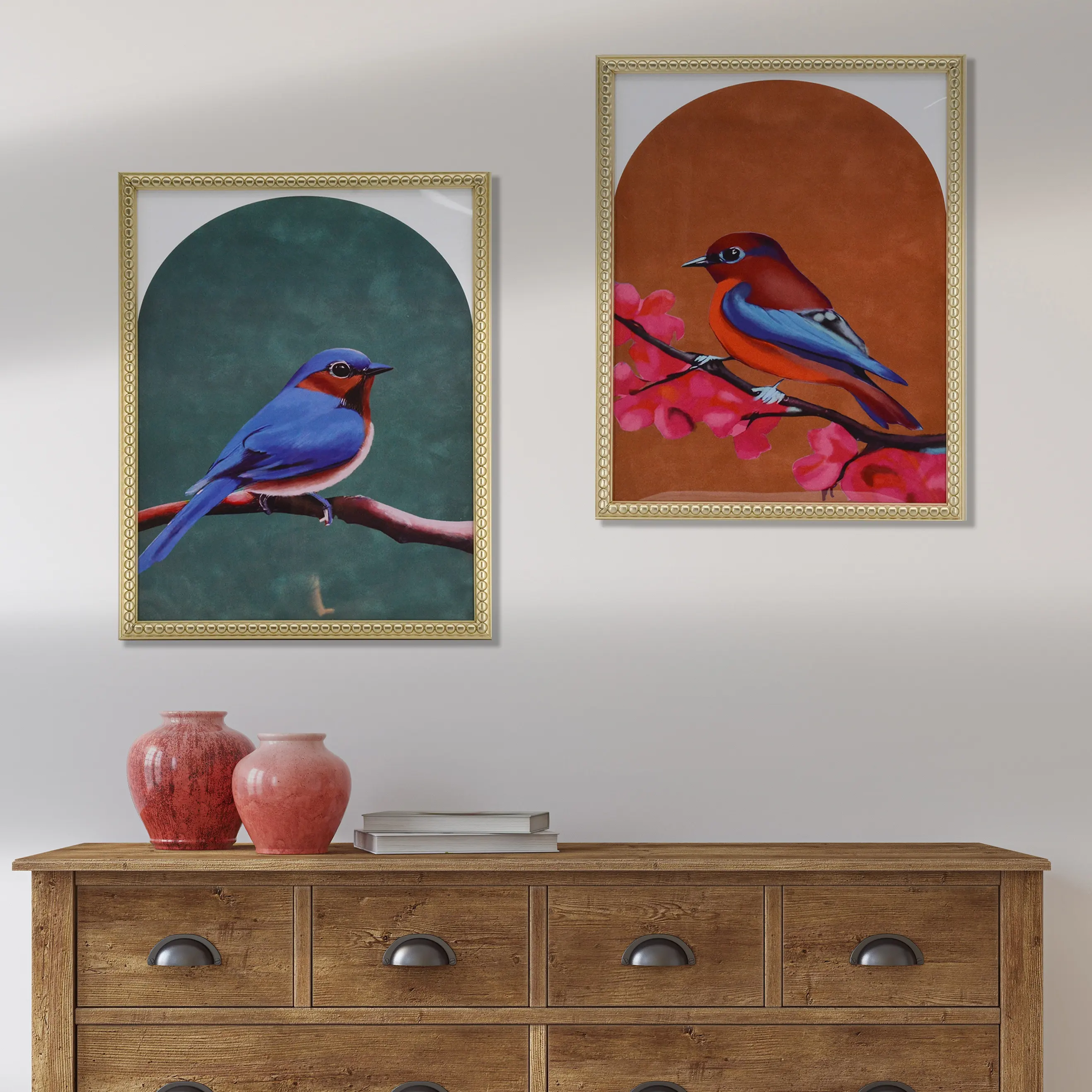 Serie de pájaros de color rojo y verde personalizada de fábrica, juego de Arte de pared de impresión de papel de diseño de 2 piezas con marco dorado