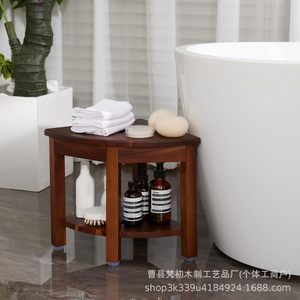 Brahma Wooden Bathroom Stool With Storage Shelf <b>Corner</b> Shower Footrest <b>Bench</b> Brown - Product Image 4