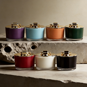 Vela aromática de lujo en frasco de vidrio con tapa de metal dorado ornamentada para decoración minimalista del hogar, venta al por mayor, marca privada premium - Product Image 1