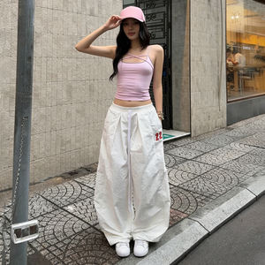 Pantalones Anchos Bordados con Número Estilo INS para Mujer, Cintura Elástica con Cordón, Pantalones Largos Casuales de Estilo Urbano - Product Image 2