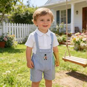 Ensemble de vêtements pour garçons : T-shirt personnalisé en coton blanc à <span class=keywords><strong>col</strong></span> Peter Pan et salopette courte à rayures bleu clair avec broderie de tambourin - Product Image 1