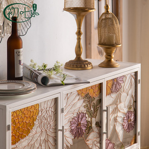 Chuqi Living Room <b>Cabinet</b> 3-Door <b>White</b> Floral Glass Door <b>Storage</b> Furniture - Product Image 1