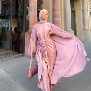 Hete Verkoop 2 Stuk Open Abaya Kalkoen Eid Satijn Abaya Moslim Vrouw Jurk Turkse Abaya Moslim Kleding