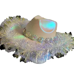 Topi koboi kristal warna-warni pesta holografik mewah dengan rantai gelang berlian imitasi bunga matahari