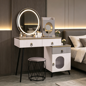 Modern Minimalist Makeup Vanity <b>With</b> Lighted Oval Mirror And Storage <b>Drawers</b> Bedroom <b>Dressing</b> <b>Table</b> <b>With</b> Stool - Product Image 2