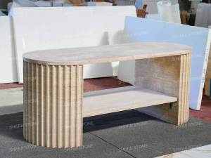 <span class=keywords><strong>Table</strong></span> <span class=keywords><strong>console</strong></span> ovale en marbre rose crème SH STONE, entrée de couloir naturelle avec pieds en travertin concave, étagère de rangement - Product Image 2