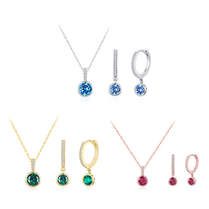 Conjunto de joyería con colgante de circón redondo Simple, Plata de Ley 925, chapado en oro, zafiro, Esmeralda, rubí, cadena de clavícula, conjuntos de pendientes de aro - Product Image 1