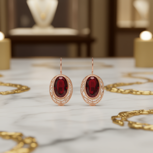 Orecchini Pendenti Ovali in Granato Oro Rosa con Incassatura a Castone, Gioielli Classici da Sposa da Donna - Product Image 2