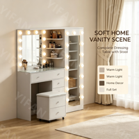 Ensemble table de maquillage moderne en MDF rose coiffeuse à 13 tiroirs miroir sur pied éclairé par LED pour la chambre à coucher et le salon