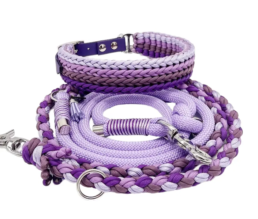 Handgefertigtes Individuelles Haustier-Hundehalsband Leinenset einstellbar geflochtenes Leder-Paracord luxuriöser attraktiver westlicher Nylon-Polyester-Schal