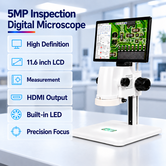 3D Continuous Zoom Digital Measuring Stereo Microscope 17X-110X Industrial Inspection LED Ring Light 11.6" LCD Display 5MP PCB