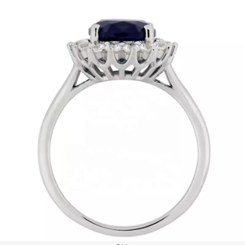 Cincin Emas Putih 14K Elegan Warna Biru Oval Safir dan Cincin Halo Moissanite untuk Wanita Pertunangan