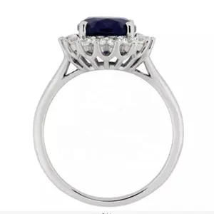 Elegant 14k white gold ring blue color oval sapphire and moissanite halo ring for engagement women
