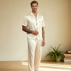 Pyjamas pour hommes en soie personnalisés à manches courtes, vêtements de nuit de luxe, faible MOQ, ensemble de pyjamas pour hommes, fabricant OEM de vêtements de nuit - Product Image 3
