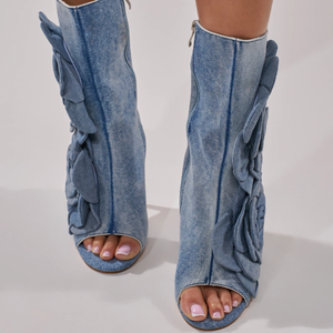<span class=keywords><strong>Botas</strong></span> de Tacón Alto con Punta Abierta y Detalles de Rosa en Mezclilla para Mujer, Zapatos de Tacón con Estilo Audaz para Damas - Product Image 4
