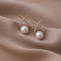 Pendientes de tuerca de perlas de lujo para mujer, joyería de moda en forma de X, aretes de gota de perlas de diamante de aleación para mujer 2022