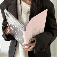 Étui pour iPad avec imprimé floral mignon de lapin, support multi-angles pliable en Y, dos transparent en PC, anti-chute, fin, esthétique douce, housse de protection pour tablette