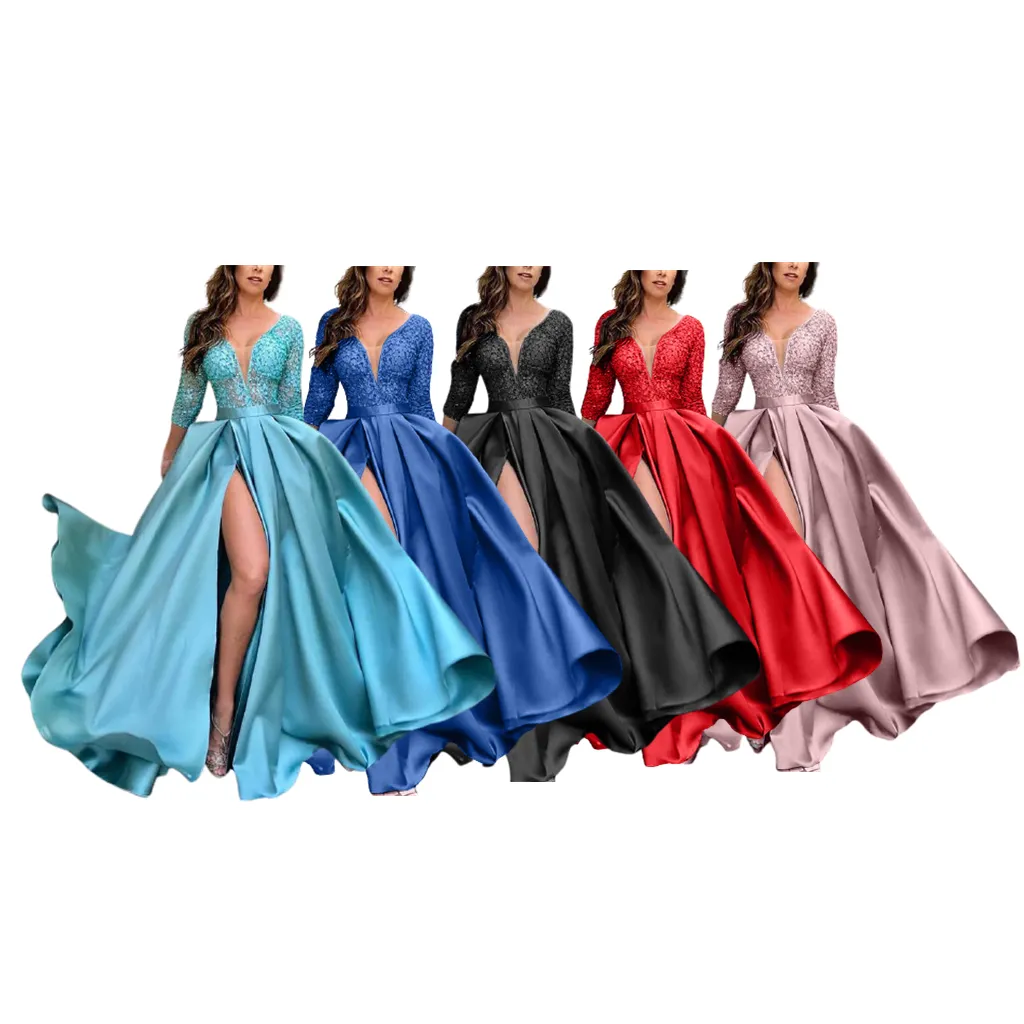 Mode Hot Sale Frauen V-Ausschnitt Abendkleid Sexy Split Bankett Langes Kleid Hochzeits feier Kleidung Elegante Frauen Abendkleid