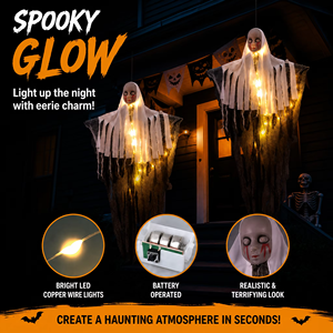 Guirlandes lumineuses fantômes suspendues pour Halloween, guirlandes lumineuses LED fantômes alimentées par piles, 3 modes d'éclairage, décoration intérieure et extérieure pour fête et jardin - Product Image 2