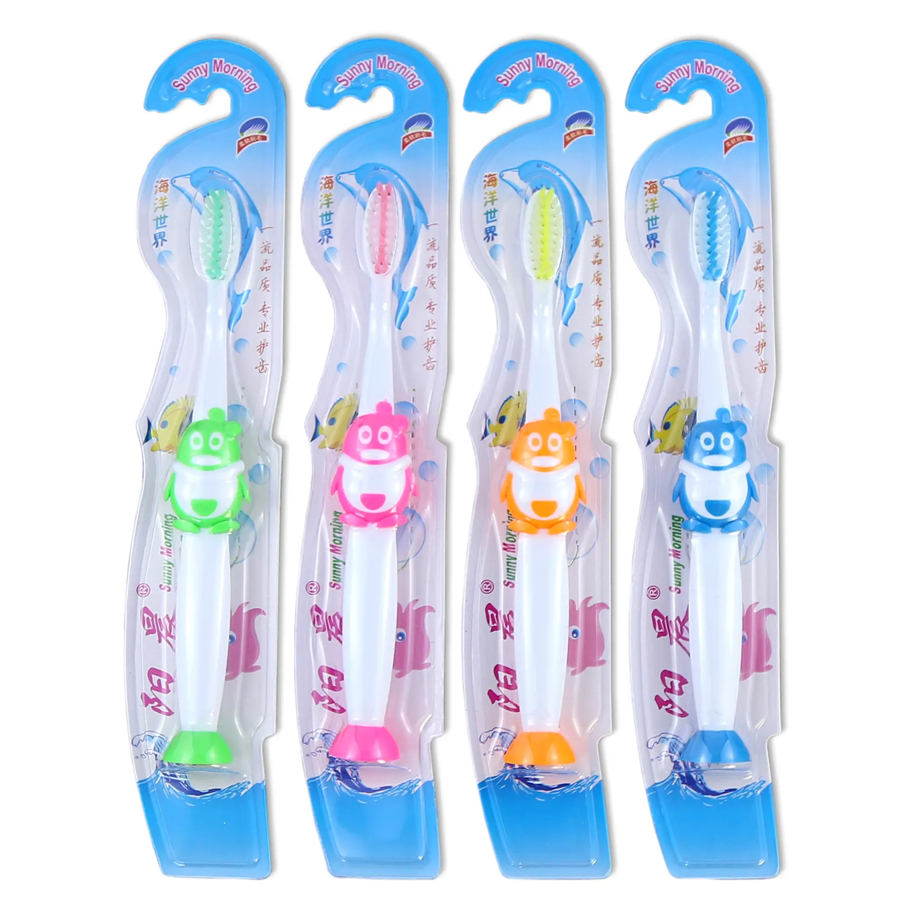 soft tapered bristles kids toothbrush with suction penguin shape handle