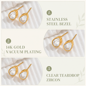 Boucles d'oreilles clous en zircon transparent en forme de goutte d'eau, en acier inoxydable plaqué or 14 carats sous vide, serties clos, bijoux minimalistes - Product Image 4