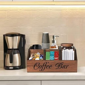 กล่องเก็บของไม้สำหรับบาร์กาแฟ พร้อมช่องใส่แคปซูลกาแฟและอุปกรณ์ต่างๆ สำหรับจัดระเบียบบนโต๊ะในห้องพักผ่อน - Product Image 1