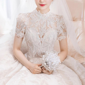 French Style Vintage Inspired Ball Gown Wedding Dress High Neck Short Sleeve Princess Waist Long Train X085 - Product Image 4