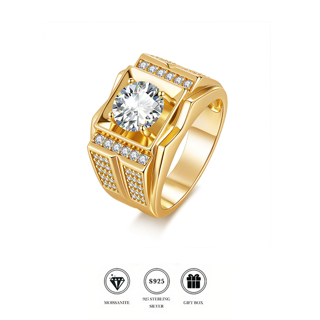 Moissanite Ring S925 Sterling Silver Gold/Silver Plated Iced Pave Signet Ring Tarnish Resistant Comfort Fit Statement Ring Men