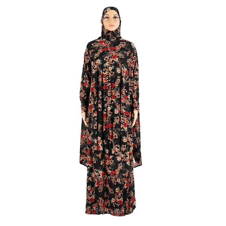 Fabriek Groothandel Polyester Bloemen Islamitische Vrouwen Bescheiden Jurk Abaya Moslim Tweedelige Set Jurken Met Hijab Dubai Kalkoen Gewaad