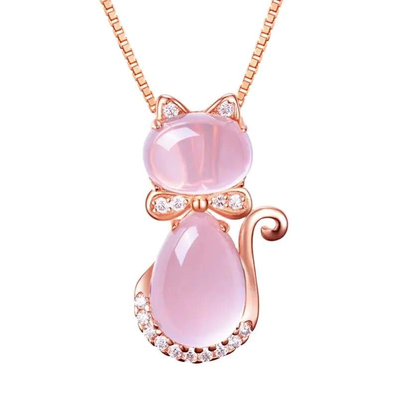 Rose Gold Plated natural Hibiscus powder crystal cat women's Pendant collarbone Chain Jewelry Pendant Necklace