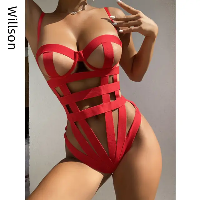 Body de lencería Sexy erótico para mujer, ropa interior femenina de una pieza, con vendaje rojo, sin necesidad de cenador