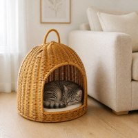 Panier pour animaux de compagnie en rotin synthétique tressé avec poignée, écologique, facile à nettoyer, résistant aux insectes, pour une utilisation intérieure toute l'année, pour chatons et chats