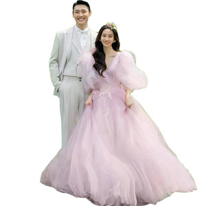 Pink Ball Gown Wedding Dress V Neck Empire Waist Tulle Long Sleeve For Outdoor Photography Studio Wear - Product Image 5