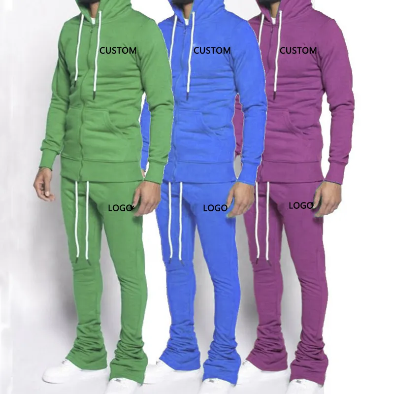 High Quality Sweatsuit Jogging Zipper Track Suit Set Tech Fleece Custom Logo Zip Hoodie Flared Stack Sweat Pants Tracksuit Mens