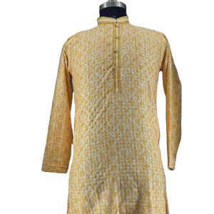 Kurta formel pour homme en pur coton avec broderie Lucknowi et impression numérique, tenue traditionnelle pour mariage - Product Image 1