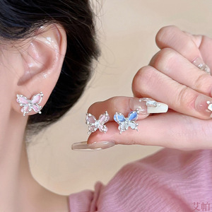 Boucles d'oreilles papillon en zircon, argent sterling 925, rose et bleu, pour femmes, à porter au quotidien, bijoux tendance - Product Image 1