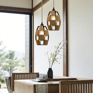 Lámpara colgante de ratán de estilo chino E27 LED redonda de altura ajustable para sala de té, comedor, sala de estar, estudio, entrada, bar. - Product Image 1