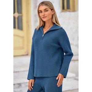 FOXA Womens Winter Sweater <b>Set</b> Long Sleeve Quarter Zip Wide Leg Pants <b>Knitted</b> Tracksuit Fall Outfits - Product Image 5