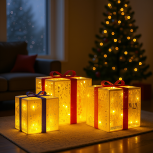 Boîtes de Noël lumineuses 3 pièces, éclairage décoratif LED blanc chaud, alimentées par piles, style boîte cadeau en plastique - Product Image 2